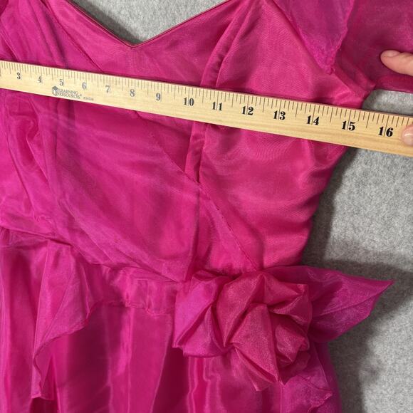 VTG 80s Prom Dress Medium Pink Puff Organza Sheer Overlay Bow Pencil Skirt Cape - Picture 8 of 14